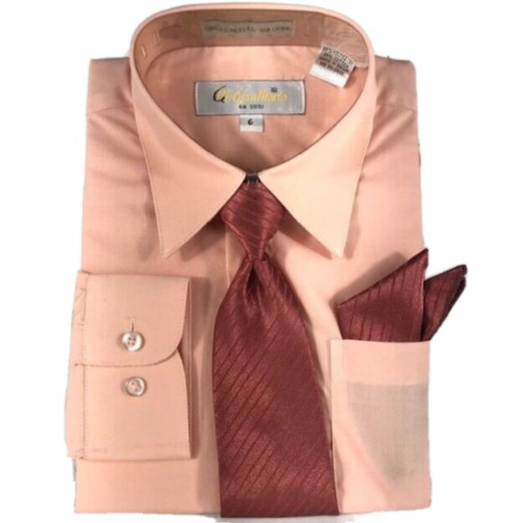Gian Mario Boys Peach Dress Shirt Clip-on Brown Striped Tie Hanky Set Size 6 - Picture 1 of 3